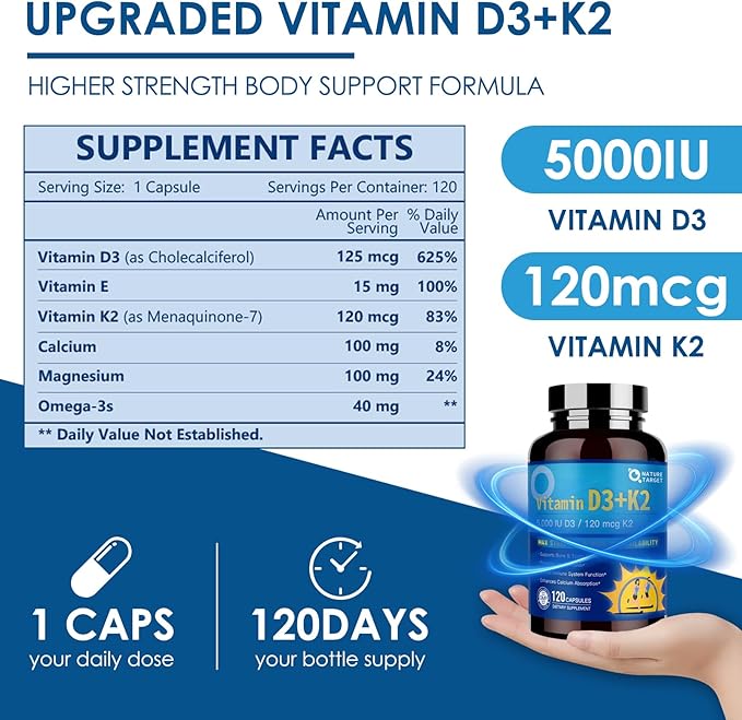 NATURE TARGET Vitamin D3 K2 with Calcium & Magnesium– Max Strength for Bone, Heart & Immune Support – 5000 IU Vitamin D3, 120 mcg K2, Non-GMO, Gluten-Free, 120 Count
