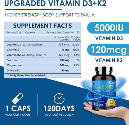 NATURE TARGET Vitamin D3 K2 with Calcium & Magnesium– Max Strength for Bone, Heart & Immune Support – 5000 IU Vitamin D3, 120 mcg K2, Non-GMO, Gluten-Free, 120 Count
