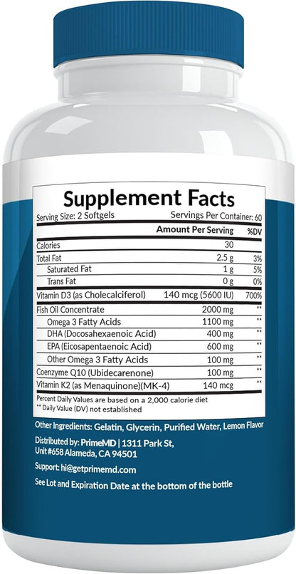 5-in-1 Fish Oil Omega 3 Fatty Supplements (2100mg) - Omega 3 Fish Oil with Vitamins D3 K2 and CoQ10 - Lemon Flavored (120 softgels, Pack of 4)
