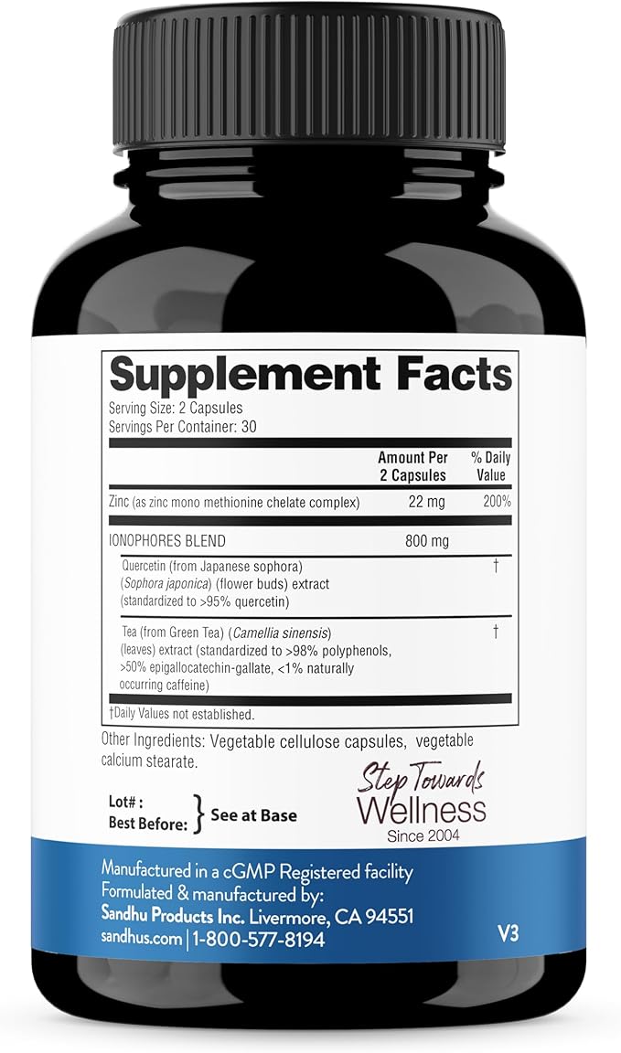 Sandhu's Zinc Supplement with Ionophores| Quercetin & Green Tea Extract for Superior Absorption and High Potency| 800mg Vegetarian Capsules 30 Days Supply| Immune Support for Men & Women