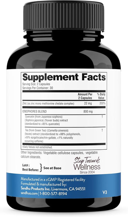 Sandhu's Zinc Supplement with Ionophores| Quercetin & Green Tea Extract for Superior Absorption and High Potency| 800mg Vegetarian Capsules 30 Days Supply| Immune Support for Men & Women