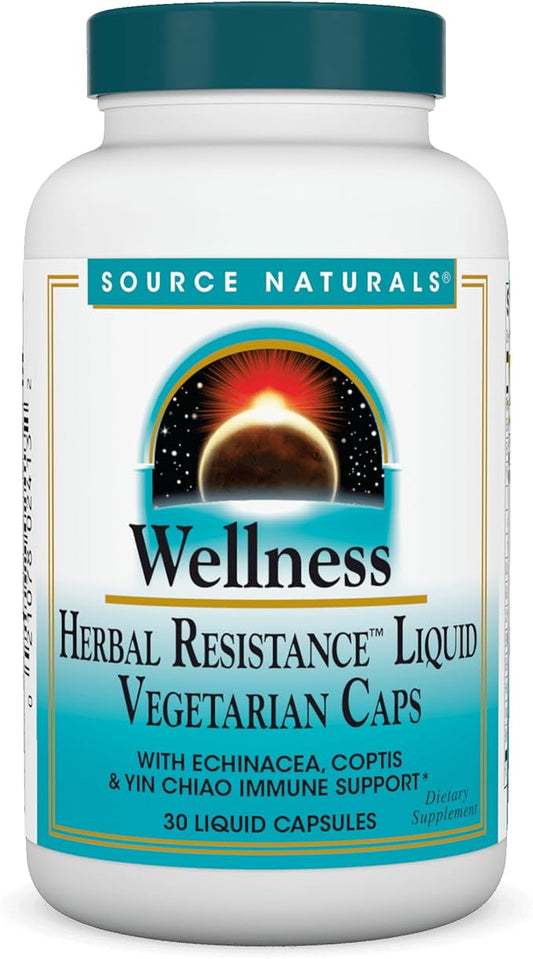 Source Naturals Wellness Herbal Resistance Liquid Immune Defense Supplement & Immunity Booster with Echinacea, Elderberry & Yin Chiao* - 30 Vegetarian Capsules
