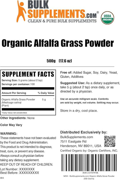 BulkSupplements.com Organic Alfalfa Grass Powder - Alfalfa Supplement, Green Superfood Powder, Alfalfa Powder Organic - Vegan & Gluten Free, 5g per Serving, 500g (1.1 lbs) (Pack of 1)