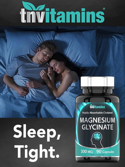 Magnesium Glycinate Capsules (300 MG Per Serving - 90 Count) | Pure Chelated Magnesium Bisglycinate Powder Supplement | Glicinato de Magnesio | for Sleep, Calm, Nerve, & Stress Support* | TNVitamins