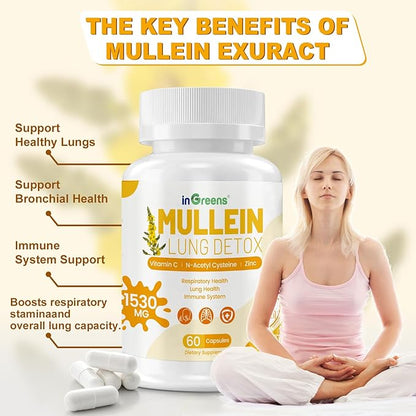 Mullein Leaf Extract 1530 Mg, 15-in-1 Herbal Supplements,Mullein Leaf Extract for Lungs,Bottled in USA - 60 Capsules