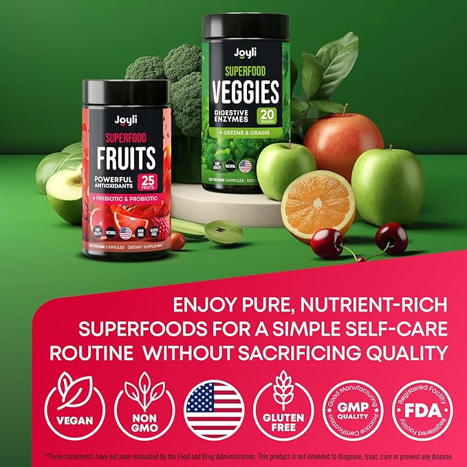 Fruits and Veggies Supplement - High Fiber Supplement for Immunity, Gut & Energy - Super Reds & Super Greens Supplements with Marshmallow Root - 240 Reds and Super Greens Powder Superfood Capsules