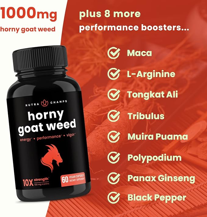NutraChamps Horny Goat Weed, 1000mg Epimedium Energy Supplement, 10X Strength Icariin, Ginseng, Tribulus & Maca Pills for Women & Men, Enhanced Absorption with Black Pepper, 60 Vegan Capsules
