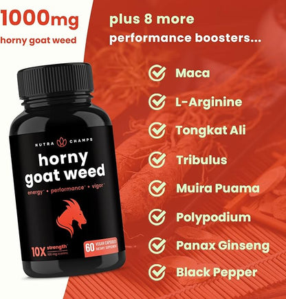 NutraChamps Horny Goat Weed, 1000mg Epimedium Energy Supplement, 10X Strength Icariin, Ginseng, Tribulus & Maca Pills for Women & Men, Enhanced Absorption with Black Pepper, 60 Vegan Capsules