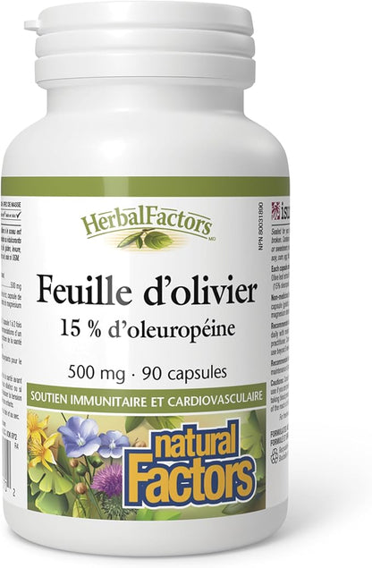 HerbalFactors by Natural Factors, Olive Leaf 500 mg, Natural Wellness Formula, 90 Capsules