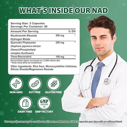 NAD Nicotinamide Riboside Resveratrol, Liposomal NAD Supplements for Women & Men, NMN Supplement Alternative, NAD Supplement - 100 Capsules - 3pcs