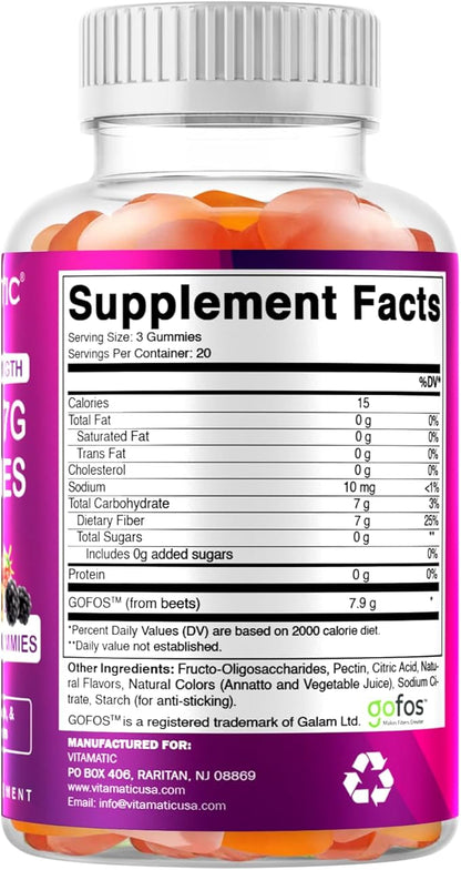 Vitamatic Prebiotic Fiber Gummies for Adults – 2 Pack (Total 120 Gummies) 7g Fiber per Serving | Extra Strength | Zero Sugar Added | Pectin-Based | Digestive Health & Regularity Support