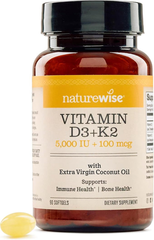 NatureWise Vitamin D3 5000IU + K2 (MK7) 100mcg with Organic Extra Virgin Coconut Oil - Supports Calcium Absorption, Bone & Immune Health - Non-GMO, Soy & Gluten-Free - 90 Softgels[90-Day Supply]