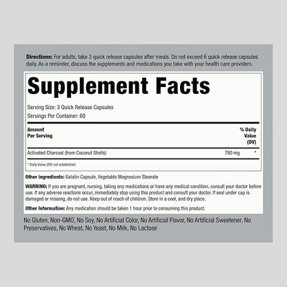 Piping Rock Activated Charcoal Pills | 780 mg | 180 Capsules | from Coconut Shells | Non-GMO, Gluten Free Supplement