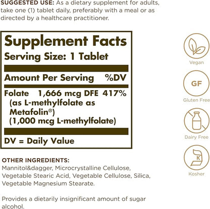 SOLGAR Folate 1000 mcg - 120 Tablets - 1000 mcg Bio-Active Metafolin - Vegan, Gluten Free, Dairy Free, Kosher - 120 Servings
