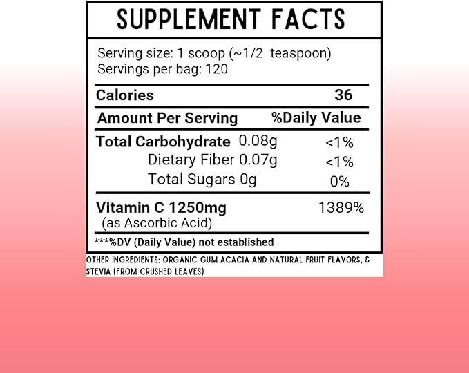Vitamin C Juice Powder | 1000 mg Vitamin C as Ascorbic Acid per Serving | No Sugar Added | Strawberries & Cream Flavor | 120 Servings