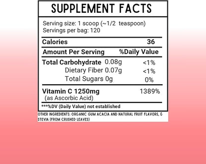 Vitamin C Juice Powder | 1000 mg Vitamin C as Ascorbic Acid per Serving | No Sugar Added | Strawberries & Cream Flavor | 120 Servings