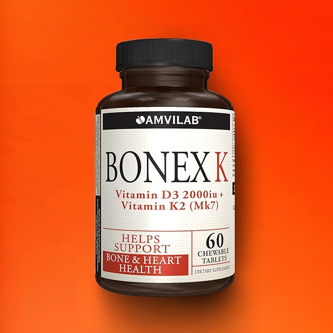 Bonex K Supplement|Vitamin D & K Complex|Supports Heart, Bones & Teeth Health|2000IU Vitamin D3 & 75mcg Vitamin K2|Non-GMO|Small & Easy to Swallow|60 Day Supply Chewable Tablets