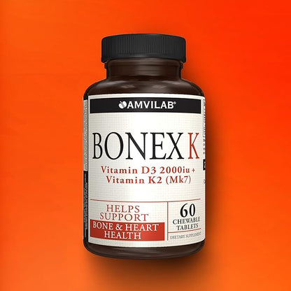 Bonex K Supplement|Vitamin D & K Complex|Supports Heart, Bones & Teeth Health|2000IU Vitamin D3 & 75mcg Vitamin K2|Non-GMO|Small & Easy to Swallow|60 Day Supply Chewable Tablets