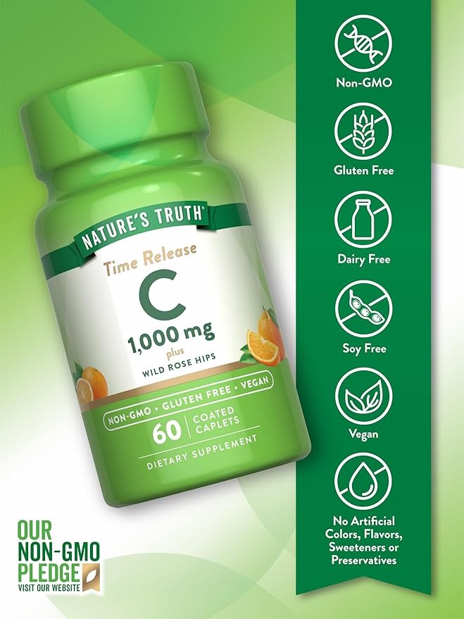 Nature's Truth Vitamin C 1000mg | 60 Caplets | with Wild Rose Hips | Vegan, Non-GMO & Gluten Free Supplement