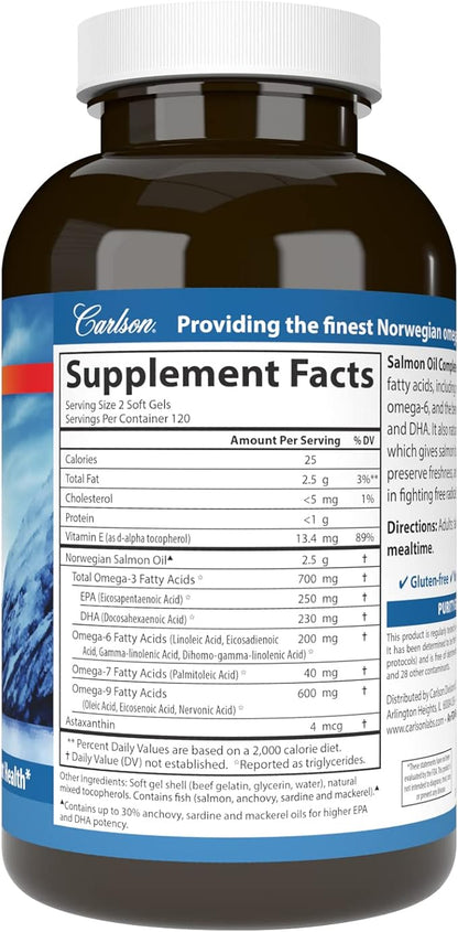 Carlson - Salmon Oil Complete, 700 mg Omega-3s + Astaxanthin, Cardiovascular Support, Brain Function & Joint Health, Norwegian, 240 Softgels