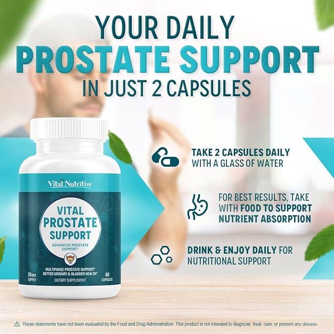 Vital Prostate Support Supplement for Men – Multiphase Herbal Formula with Saw Palmetto, Beta-Sitosterol & Zinc – Urinary Flow, Bladder Comfort & Prostate Health Supplements for Men – 90 Day Supply