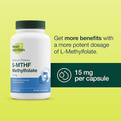 L Methylfolate 15mg - Maximum Potency - Active Vitamin B9 Superior Bioavailability - 5-MTHF Methyl Folate for Mood, Cognition, Immunity, Cardiovascular, Neurological, Reproductive Health - 60 Capsules