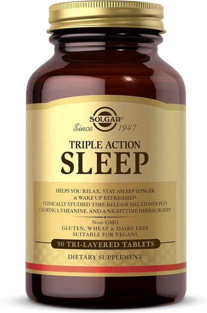 Solgar Triple Action Sleep, 90 Tri-Layer Tablets - Time-Release Melatonin & L-Theanine Plus Herbal Blend - Helps You Relax - Non-GMO, Gluten Free - 90 Servings