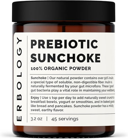 Erbology Organic Jerusalem Artichoke Powder 3.2 oz - 45 Servings - Sunchoke - 50% Prebiotic Inulin Fiber - Supports Gut Health and Promotes Diverse Microbiome - Feed Good Bacteria - Gluten-Free
