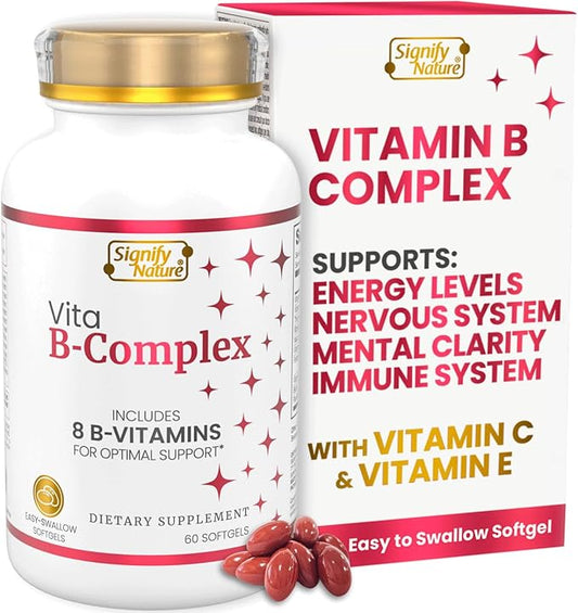 SIGNIFY NATURE VitaBComplex with Vitamin C and E, B Complex Vitamins for Women & Men, BComplex Supplements, VIT B1, B2, B3, B5, B6, B8, B9, B12, Super B Softgels - 60 CT