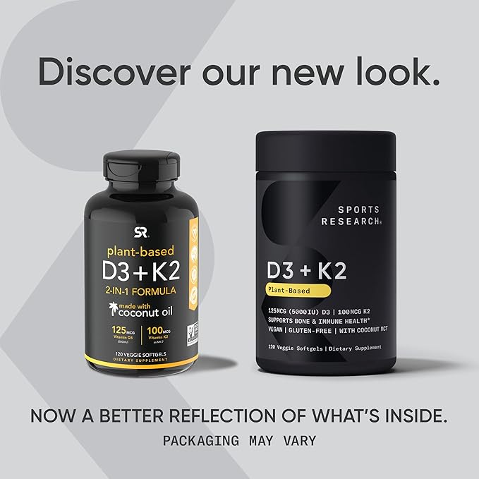 Sports Research® Vitamin D3 + K2 with Coconut MCT Oil | Vegan D3 5000 IU with K2 100 mcg for Bone & Immune Health | Vegan Certified, Soy & Gluten Free - 120 Softgels
