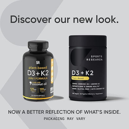 Sports Research® Vitamin D3 + K2 with Coconut MCT Oil | Vegan D3 5000 IU with K2 100 mcg for Bone & Immune Health | Vegan Certified, Soy & Gluten Free - 120 Softgels