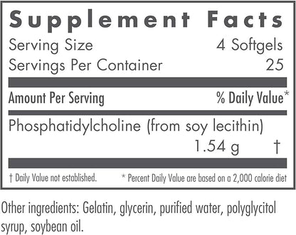 Nutricology Phosphatidyl Choline Supplement - Lecithin Capsules, Digestive Enzymes for Liver, Fat Digestion Support, Choline Supplements for Fatty Liver, 1540mg Softgels - 100 Count