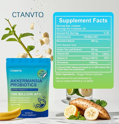 Akkermansia Probiotic with Prebiotic Fiber 100 Billion Live Strain Increase GLP-1 Production, Green Tea Extract, Vitamin B2, Vitamin D, Chromium for Gut Health for Men & Women (90 Capsules, 1-Pack)