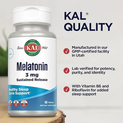KAL Melatonin 3mg Sustained Release Sleep Aid, Melatonin Supplement Supports Healthy Relaxation, a Calm Feeling and a Proper Sleep Cycle, w/Added Vitamin B6, Vegan, Gluten Free 60 Serv, 60 Tablets