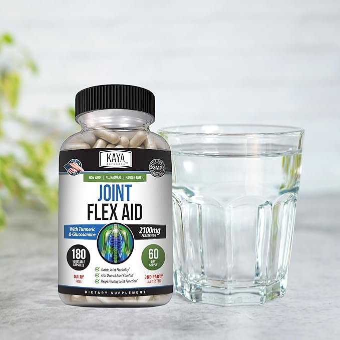 Kaya Naturals Flex Aid - Mobility Support Supplement for Men and Women - Turmeric Capsules with Glucosamine Sulfate, Boswellia Serrata and MSM - for Knee Support and Mobility Health - 180 Count