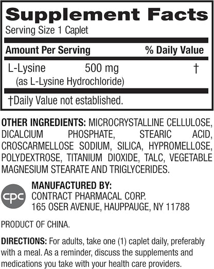 Earth's Splendor L-Lysine 500 mg Dietary Supplement for Men & Women, Supports Collagen & Tissue Maintenance (500 mg, 100 Caplets)