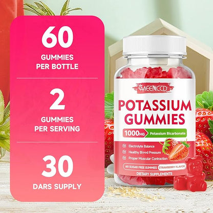 2 Pack Potassium Gummies 1000mg, Potassium Bicarbonate Supplement for Adults & Kids, Potassium Supplement for Electrolyte Balance & Muscle Heath, Sugar-Free, Strawberry Flavor, 120 Count