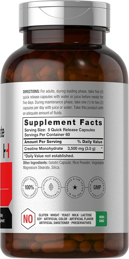 Horbäach Creatine Monohydrate Capsules | 3500mg | 300 Count | Non-GMO and Gluten Free Supplement