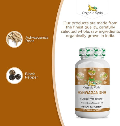 Organic Veda Ashwagandha Supplements, 1500mg - Ashwagandha Capsules with Black Pepper Extract - Made from Pure 100% Organic Ashwagandha Root - Mood Support Supplement & Energy, 120 Veggie