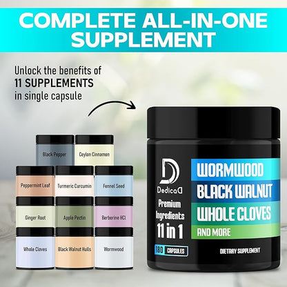 11in1 Wormwood Capsules - 180 Capsules Extracted from Black Walnut, Cloves, Ginger, Turmeric, Apple, Berberine HCl & More - Support Comfortable Digestive, Immune System for 3 Months