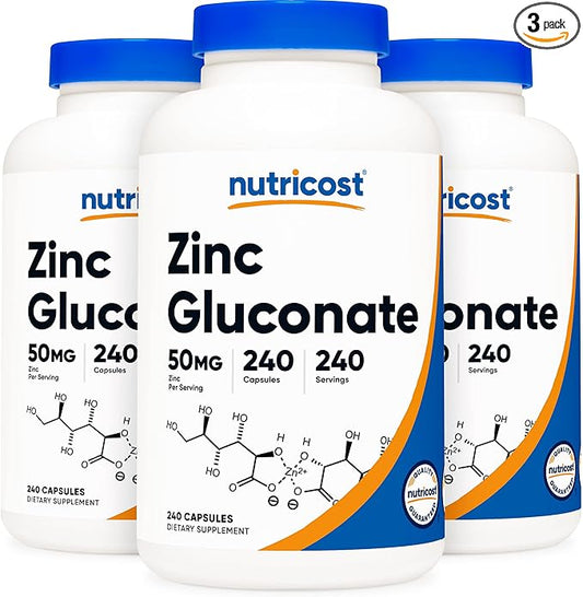 Nutricost Zinc Gluconate 240 Veggie Capsules (50mg) (3 Bottles) - Gluten Free and Non-GMO