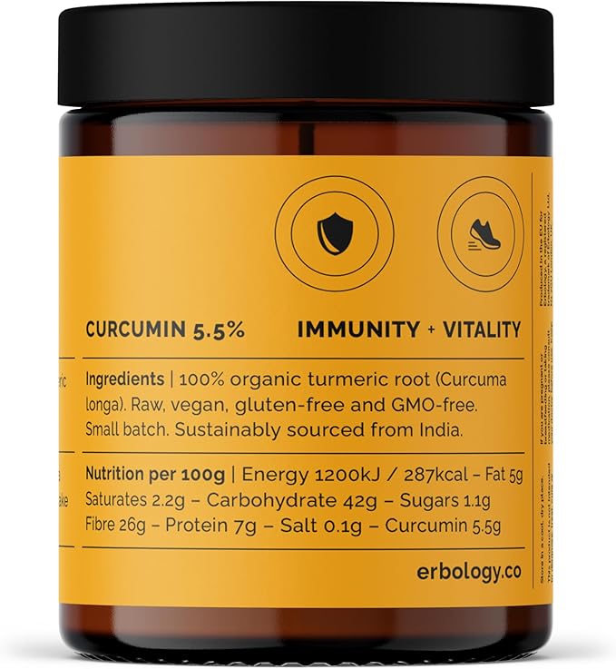 Erbology Organic Turmeric Powder 3.2 oz - 90 Servings - 5.5% Curcumin - No Additives or Preservatives - Sustainably Sourced Straight from Farm in India - Small Batch - Vegan - GMO-Free