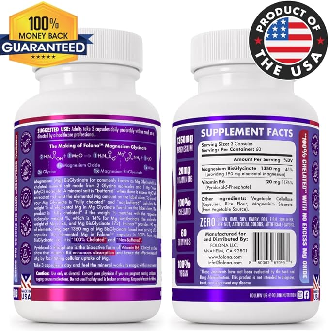 Magnesium Glycinate with Vitamin B6 Research Proven to Enhance Absorption, 1350mg Fully Chelated - Supports Sleep, Stress Relief, Energy, Muscle Cramps - Gluten Free, NonGMO, 180 Vegan Capsules