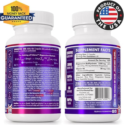 Magnesium Glycinate with Vitamin B6 Research Proven to Enhance Absorption, 1350mg Fully Chelated - Supports Sleep, Stress Relief, Energy, Muscle Cramps - Gluten Free, NonGMO, 180 Vegan Capsules
