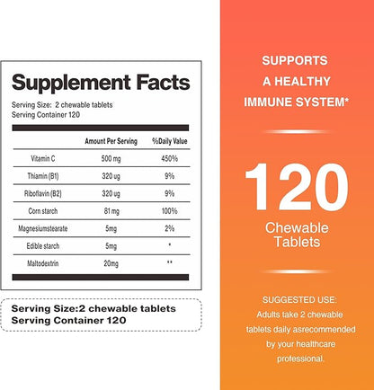 500mg Vitamin C, Immune Support, 120 Chewable Tablets, 60 Day Supply, Gluten-Free, Orange Flavor