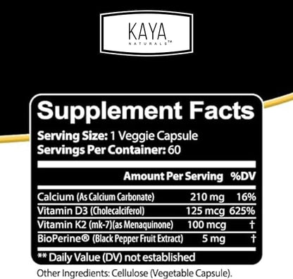 Kaya Naturals Vitamins K2 with D3 5000IU Supplement for Men and Women - Easy to Swallow - Bioperine Capsules (60 Count (Pack of 1))