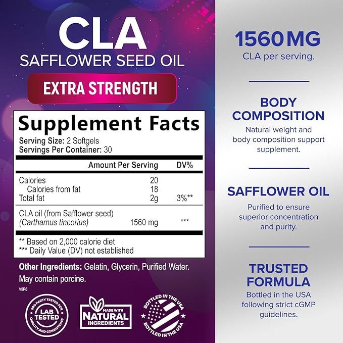CLA Supplement, Conjugated Linoleic Acid 1560mg - Extra Strength CLA Supplement Pills - Support Body Composition, Lean Muscle Tone, & Energy - Safflower Capsules, Gluten Free, Non-GMO - 60 Softgels