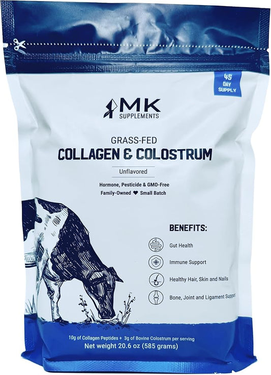 MK Supplements Grass-Fed Collagen & Colostrum Supplement, 45 Servings, Non-GMO, Gluten Free, Supports Gut Health, Immunity, Hair, Skin, Nails, Joints