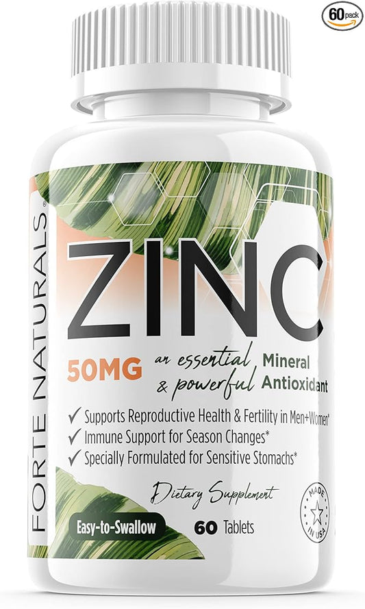 Zinc 50mg, (60 Tablets), Specially Formulated for Sensitive Stomach, Immune Support, Skin & Hair, Vegan Zinc Supplement, Non-GMO Made in USA