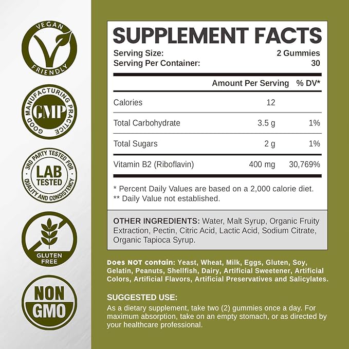 Vitamin B2 Gummies Riboflavin 400mg, B2 Vitamin Chewable Supplement, Vegan, Non GMO, Orange Flavor, 60 Count